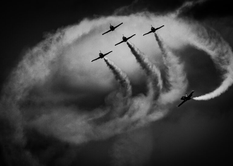 The Breitling aerobatic team flying above Tel-Aviv