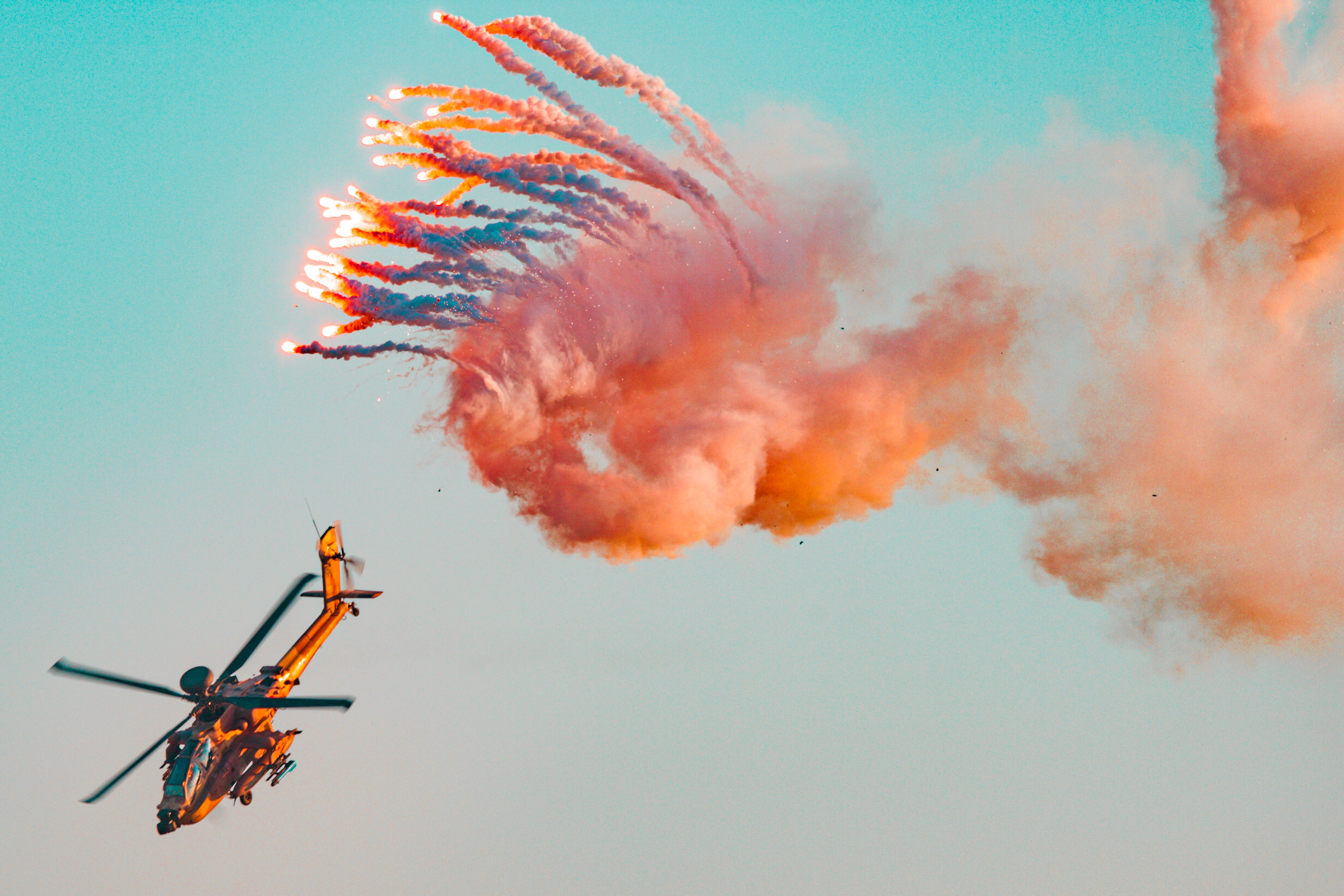 IAF AH-64-D-I Apache Longbow popping anti-aircraft flares